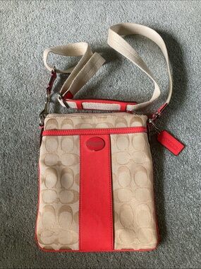 Coach Khaki Canvas Crossbody with Orange Leather Stripe